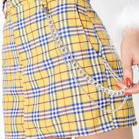 OMighty Clueless Yellow Plaid Mini Skirt Medium with Chain - Picture 2 of 9